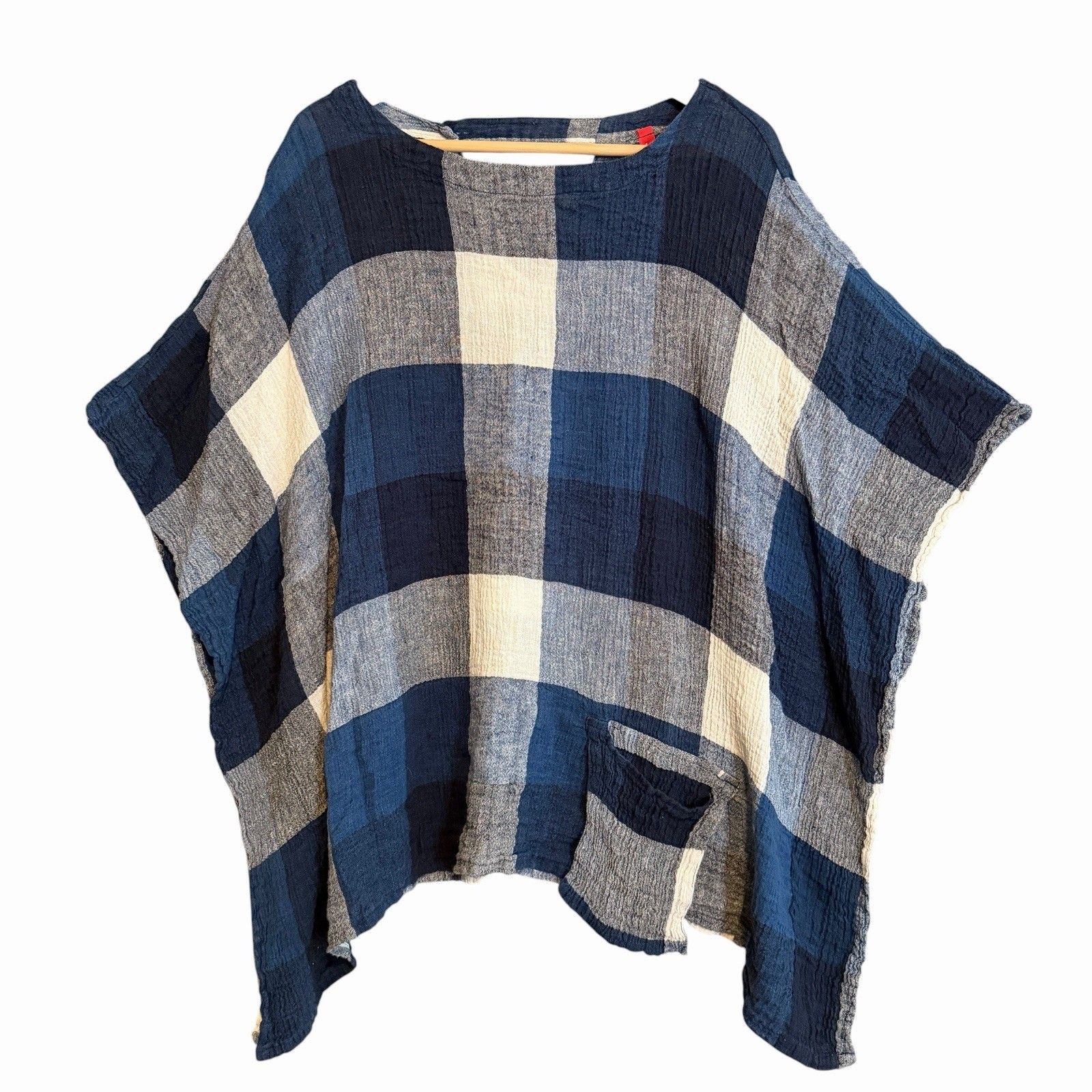 Ic Connie K Linen Tunic Poncho Blue Grey Check Crinkle Gauze Plus Size 3x Boxy